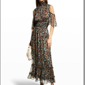 Misa Sz M Black‎ Gold Leaf Floral Maxi Dress Cold Shoulder Smocked Mock Neck